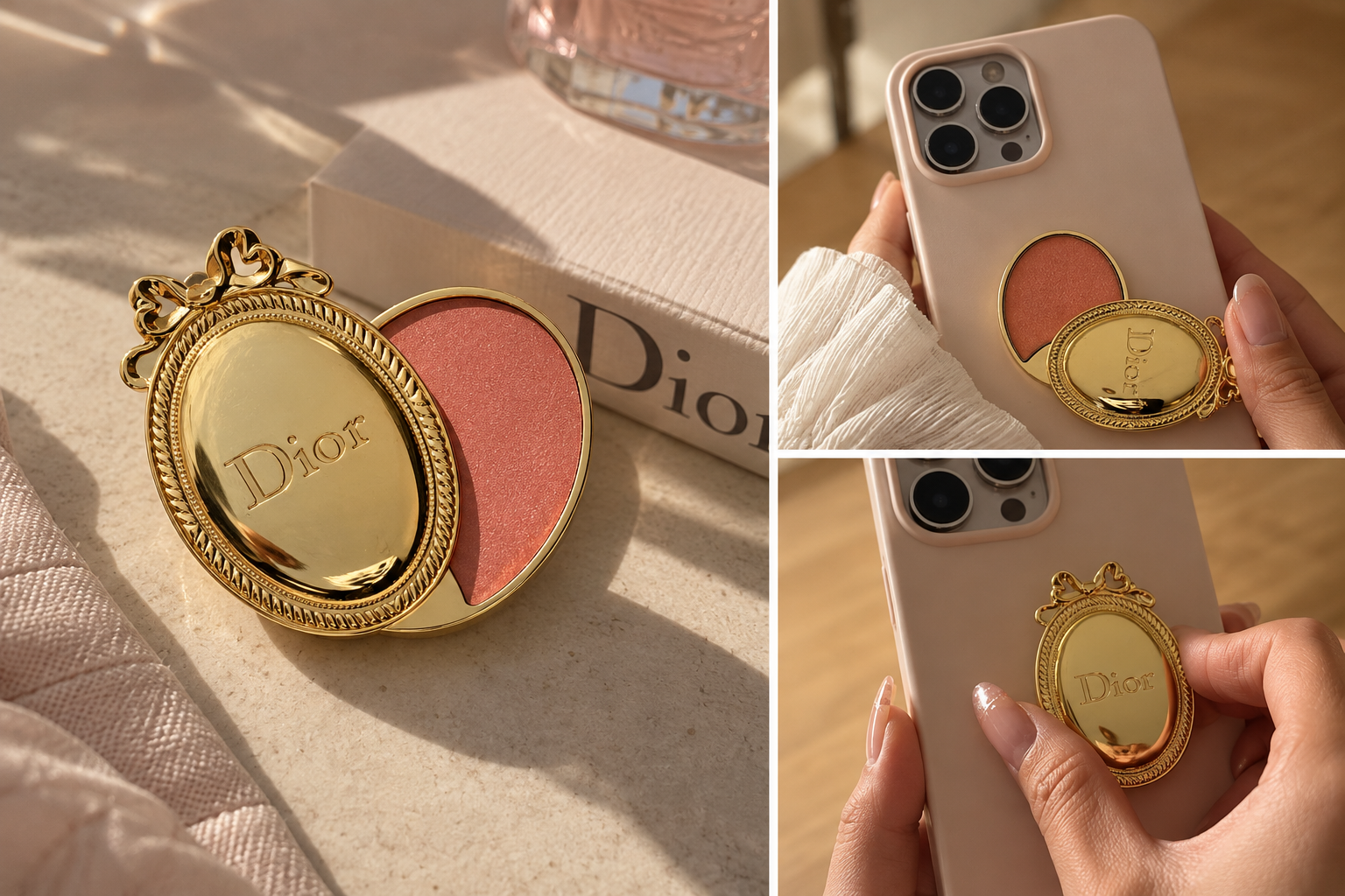 Bálsamo Dior Médallion con diseño de medallón dorado, lazo ornamental y sistema de fijación para celulares.