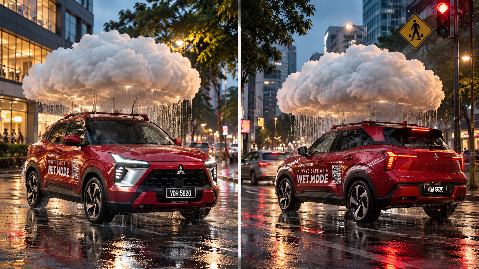 SUV Mitsubishi Xforce equipado con una estructura que simula una nube y libera agua sobre el automóvil.
