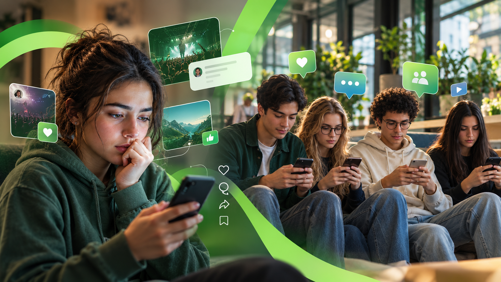 magen conceptual sobre el uso de redes sociales y medios de comunicación por parte de jóvenes