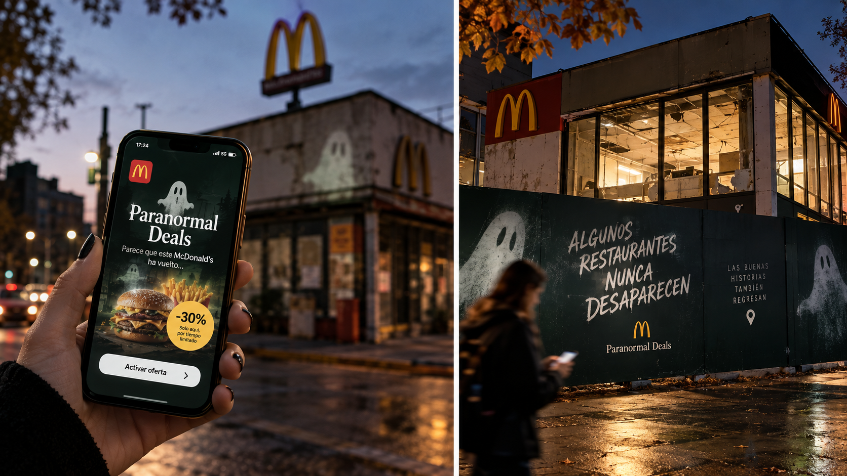 Material creativo de la campaña de Halloween, con referencias visuales a antiguos restaurantes de McDonald’s.